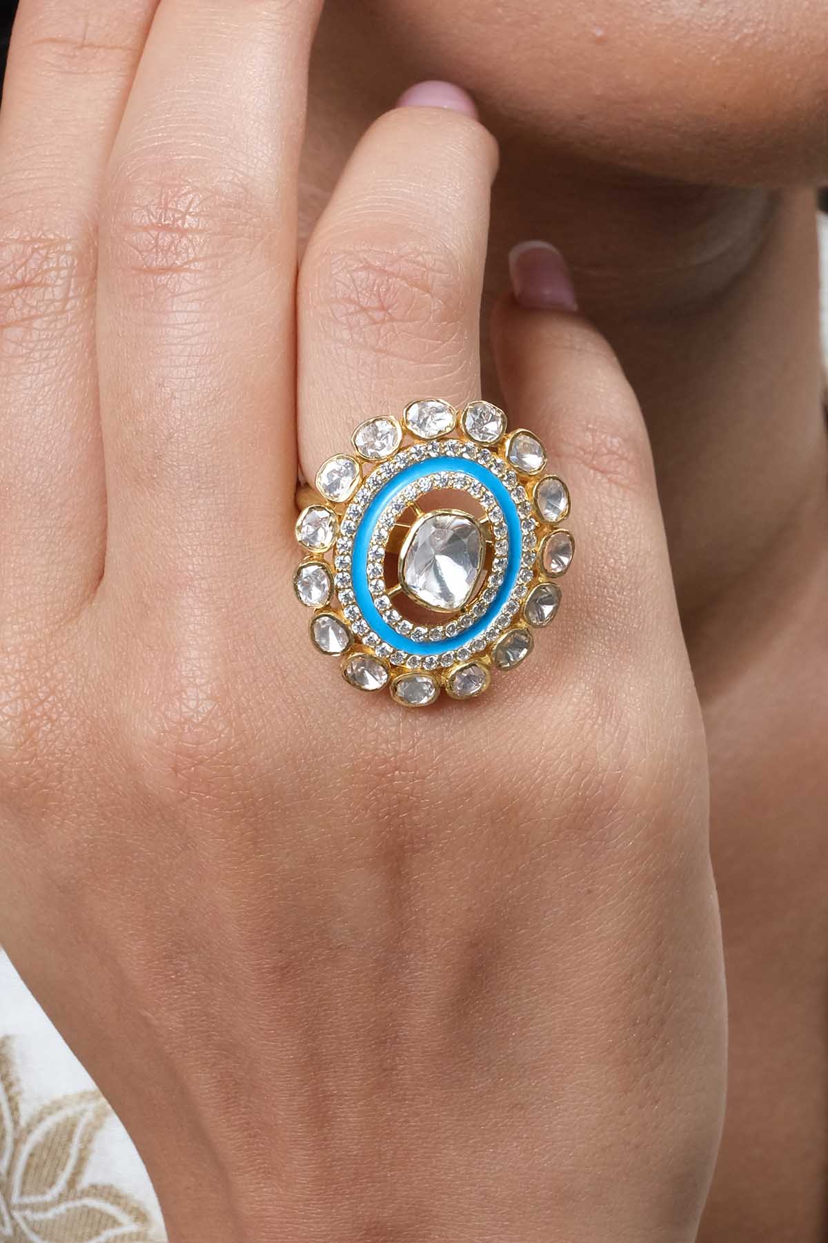 Sica Blue Polki Embellished Ring for jewellery online at ScrollnShops